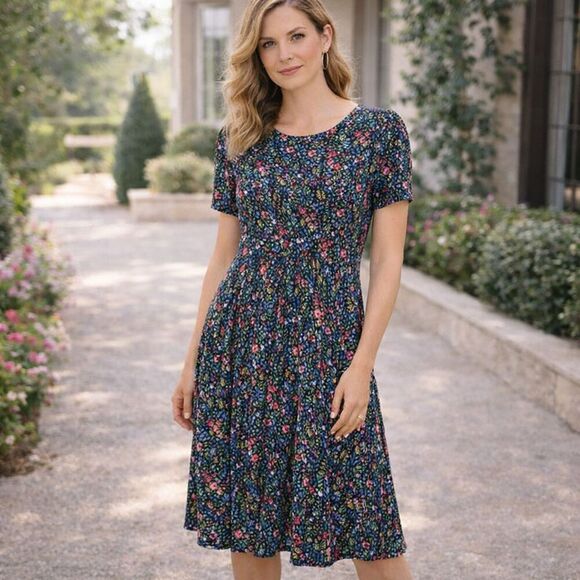 Boden Dresses & Skirts - BODEN Floral‎ Dress Viscose Ecovero Short Sleeve Navy Blue Women Size M US 8